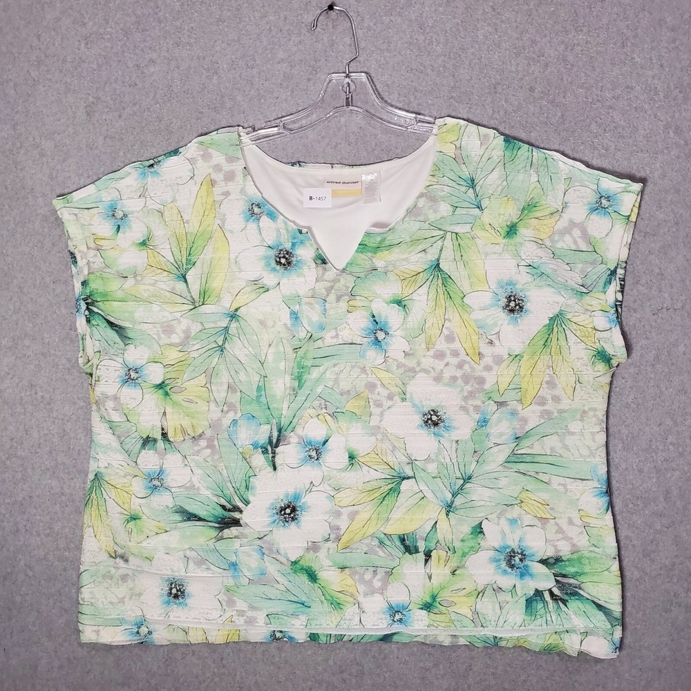 Alfred Dunner Women Top 3X Green Floral Split Neck Short Sleeve Texture